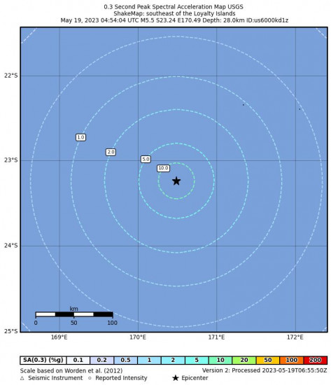 0.3 Second Peak Spectral Acceleration Map for the The Loyalty Islands 5.5 M Earthquake, Friday May. 19 2023, 3:54:04 PM
