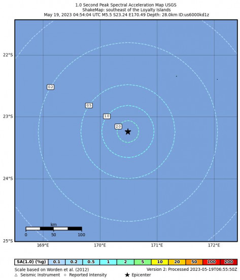 1 Second Peak Spectral Acceleration Map for the The Loyalty Islands 5.5 M Earthquake, Friday May. 19 2023, 3:54:04 PM