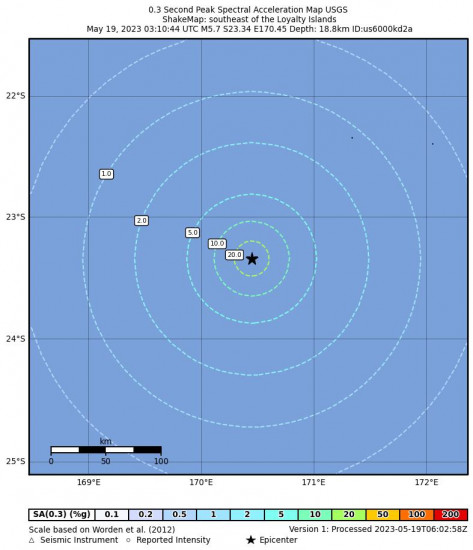 0.3 Second Peak Spectral Acceleration Map for the The Loyalty Islands 5.7 M Earthquake, Friday May. 19 2023, 2:10:44 PM
