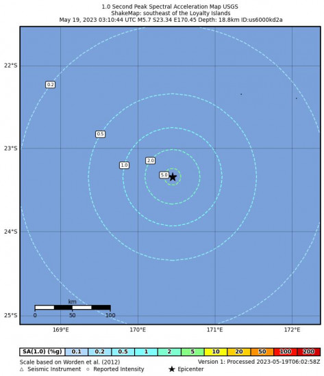 1 Second Peak Spectral Acceleration Map for the The Loyalty Islands 5.7 M Earthquake, Friday May. 19 2023, 2:10:44 PM