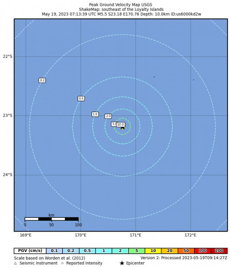 Peak Ground Velocity Map for the The Loyalty Islands 5.5 M Earthquake, Friday May. 19 2023, 6:13:39 PM