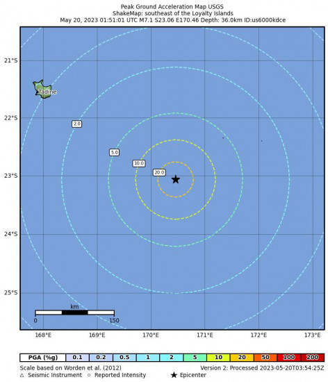 Peak Ground Acceleration Map for the The Loyalty Islands 7.1 M Earthquake, Saturday May. 20 2023, 12:51:01 PM