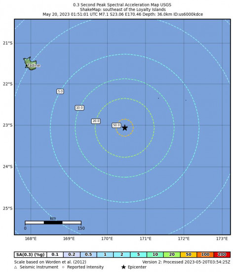 0.3 Second Peak Spectral Acceleration Map for the The Loyalty Islands 7.1 M Earthquake, Saturday May. 20 2023, 12:51:01 PM