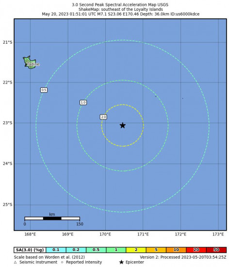 3 Second Peak Spectral Acceleration Map for the The Loyalty Islands 7.1 M Earthquake, Saturday May. 20 2023, 12:51:01 PM