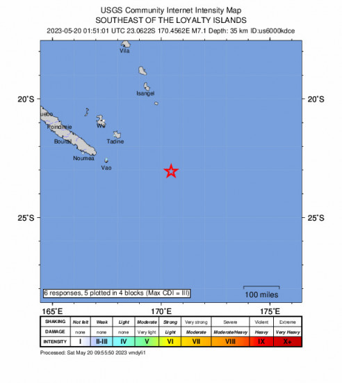 GEO Community Internet Intensity Map for the The Loyalty Islands 7.1 M Earthquake, Saturday May. 20 2023, 12:51:01 PM