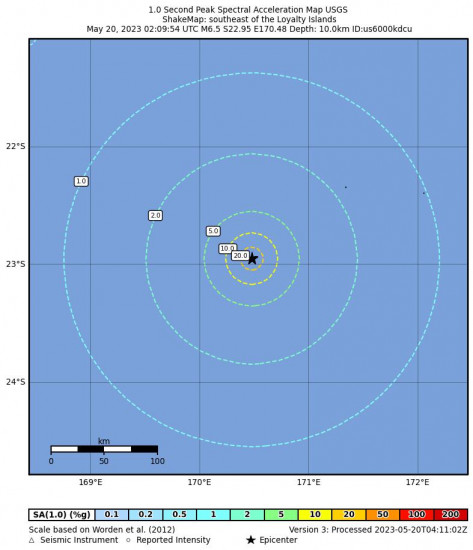1 Second Peak Spectral Acceleration Map for the The Loyalty Islands 6.5 M Earthquake, Saturday May. 20 2023, 1:09:54 PM
