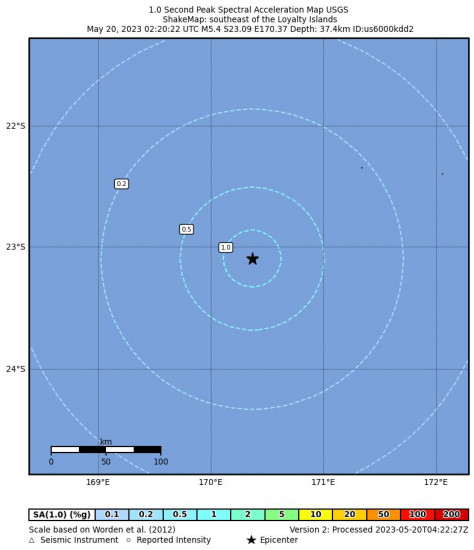 1 Second Peak Spectral Acceleration Map for the Vao, New Caledonia 5.4 M Earthquake, Saturday May. 20 2023, 1:20:22 PM