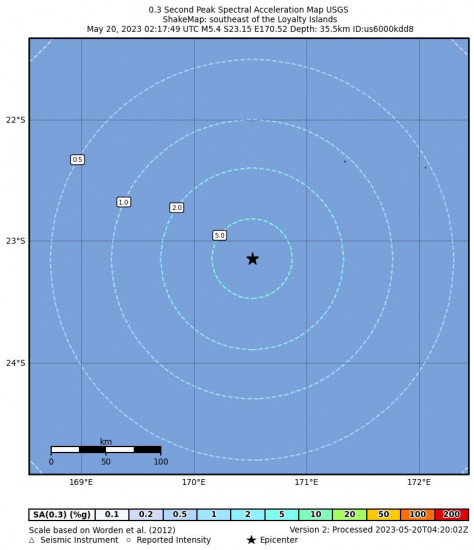 0.3 Second Peak Spectral Acceleration Map for the The Loyalty Islands 5.4 M Earthquake, Saturday May. 20 2023, 1:17:49 PM