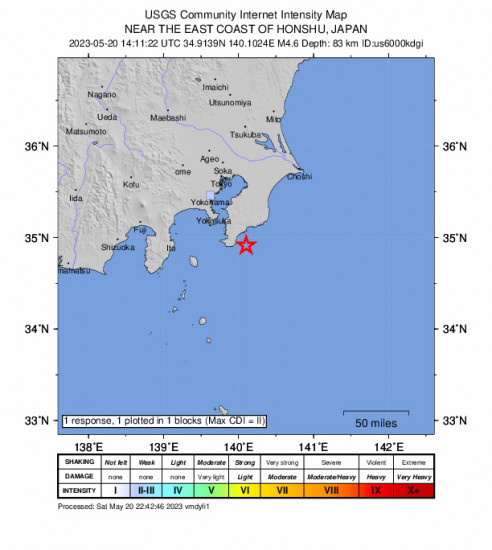 GEO Community Internet Intensity Map for the Wada, Japan 4.6 M Earthquake, Saturday May. 20 2023, 11:11:22 PM