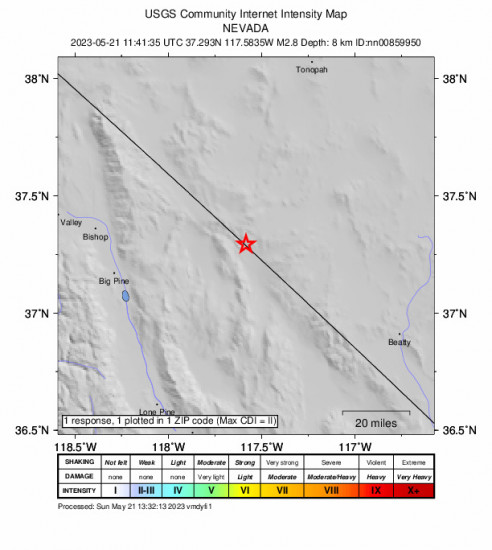 Community Internet Intensity Map for the Silver Peak, Nevada 2.5 M Earthquake, Sunday May. 21 2023, 4:41:35 AM