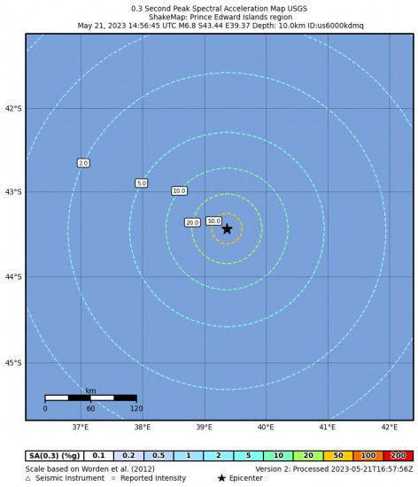 0.3 Second Peak Spectral Acceleration Map for the Prince Edward Islands Region 6.8 M Earthquake, Sunday May. 21 2023, 4:56:45 PM