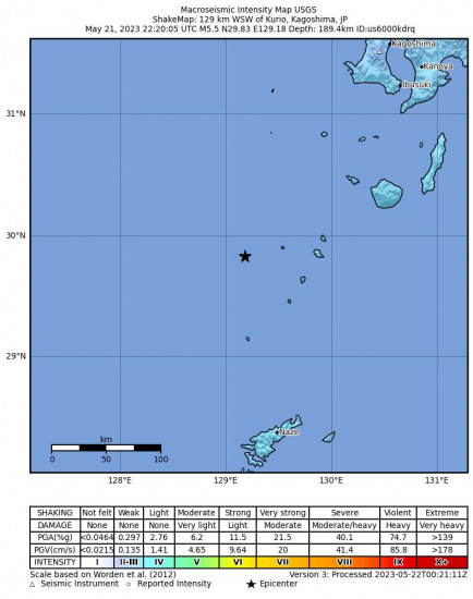 Macroseismic Intensity Map for the Kurio, Japan 5.5 M Earthquake, Monday May. 22 2023, 7:20:05 AM
