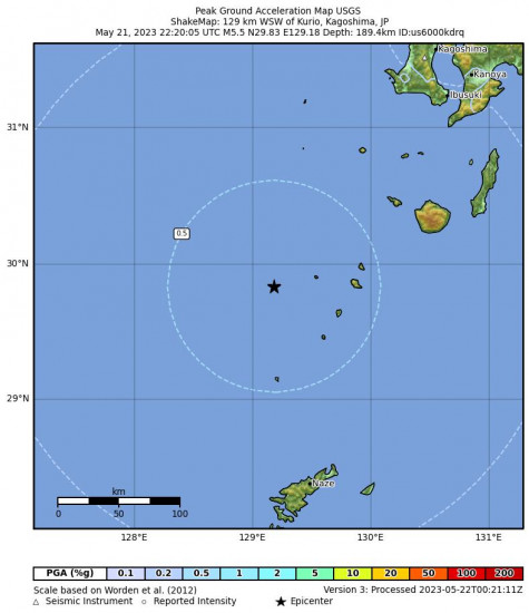 Peak Ground Acceleration Map for the Kurio, Japan 5.5 M Earthquake, Monday May. 22 2023, 7:20:05 AM