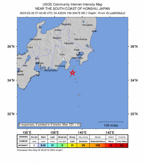 GEO Community Internet Intensity Map for the Shimoda, Japan 5.1 M Earthquake, Monday May. 22 2023, 4:42:40 PM