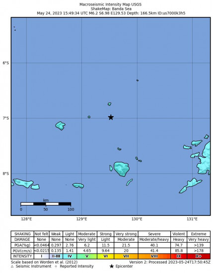 Macroseismic Intensity Map for the Banda Sea 6.2 M Earthquake, Thursday May. 25 2023, 12:49:34 AM