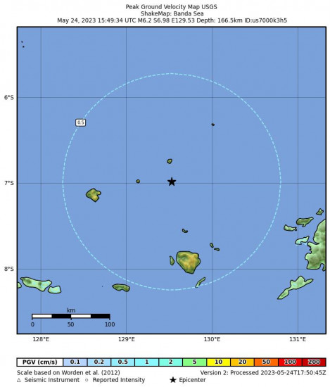 Peak Ground Velocity Map for the Banda Sea 6.2 M Earthquake, Thursday May. 25 2023, 12:49:34 AM