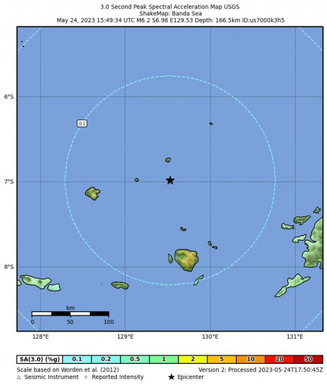 3 Second Peak Spectral Acceleration Map for the Banda Sea 6.2 M Earthquake, Thursday May. 25 2023, 12:49:34 AM
