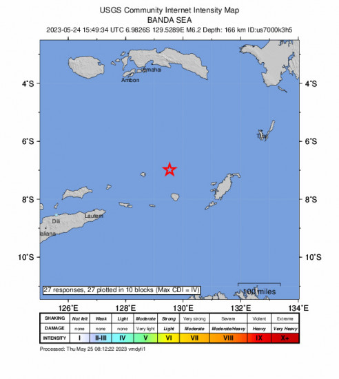 GEO Community Internet Intensity Map for the Banda Sea 6.2 M Earthquake, Thursday May. 25 2023, 12:49:34 AM