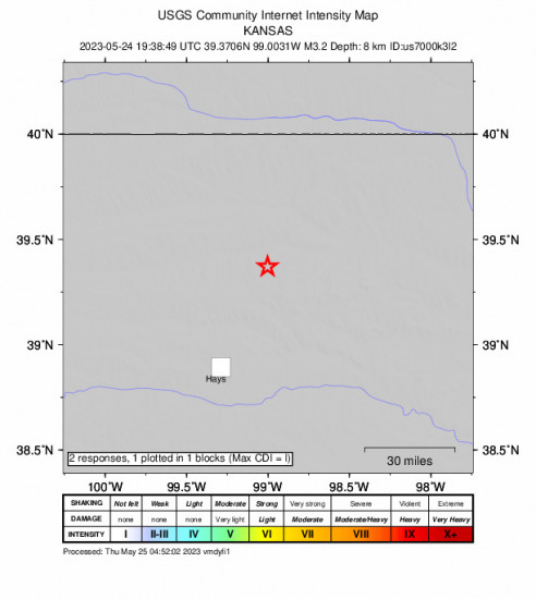 GEO Community Internet Intensity Map for the Alton, Kansas 3.2 M Earthquake, Wednesday May. 24 2023, 2:38:49 PM