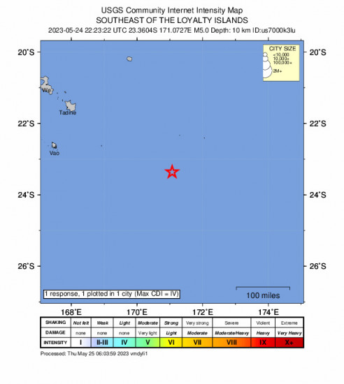 Community Internet Intensity Map for the The Loyalty Islands 5.0 M Earthquake, Thursday May. 25 2023, 9:23:22 AM