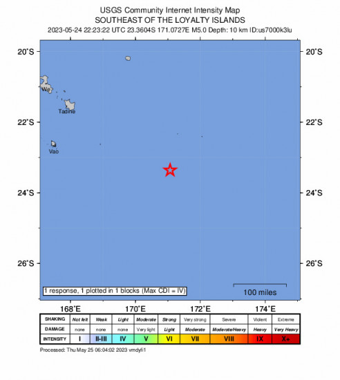 GEO Community Internet Intensity Map for the The Loyalty Islands 5.0 M Earthquake, Thursday May. 25 2023, 9:23:22 AM