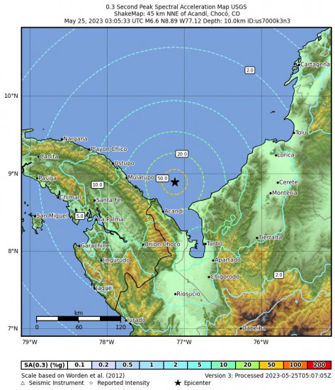 0.3 Second Peak Spectral Acceleration Map for the Panama-colombia Border Region 6.6 M Earthquake, Wednesday May. 24 2023, 10:05:33 PM