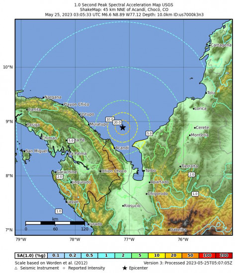 1 Second Peak Spectral Acceleration Map for the Panama-colombia Border Region 6.6 M Earthquake, Wednesday May. 24 2023, 10:05:33 PM