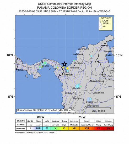 Community Internet Intensity Map for the Panama-colombia Border Region 6.6 M Earthquake, Wednesday May. 24 2023, 10:05:33 PM