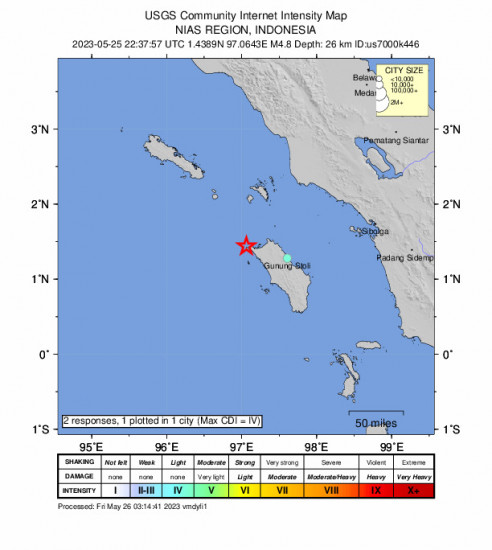 Community Internet Intensity Map for the Nias Region, Indonesia 4.8 M Earthquake, Friday May. 26 2023, 5:37:57 AM