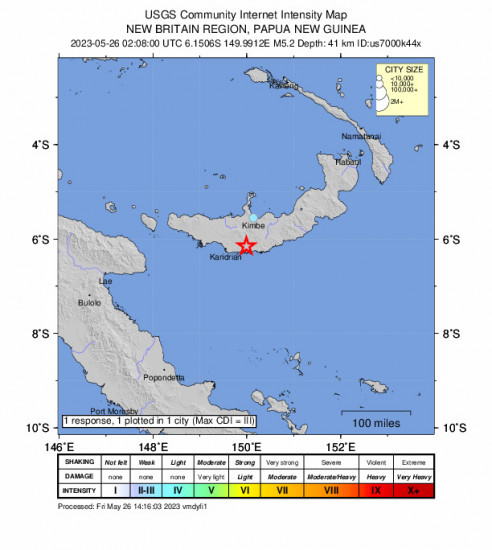 Community Internet Intensity Map for the New Britain Region, Papua New Guinea 5.2 M Earthquake, Friday May. 26 2023, 12:08:00 PM