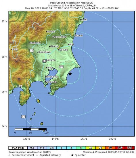 Peak Ground Acceleration Map for the Honshu, Japan 6.1 M Earthquake, Friday May. 26 2023, 7:03:24 PM