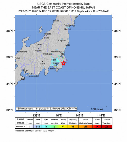GEO Community Internet Intensity Map for the Honshu, Japan 6.1 M Earthquake, Friday May. 26 2023, 7:03:24 PM