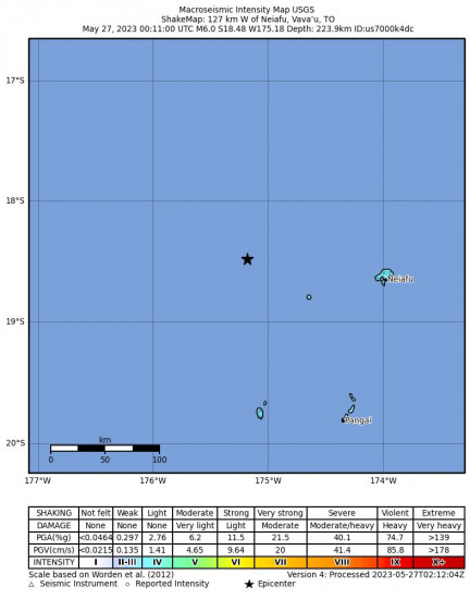 Macroseismic Intensity Map for the Neiafu, Tonga 6.0 M Earthquake, Saturday May. 27 2023, 1:11:00 PM