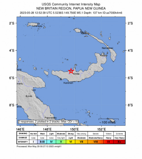 GEO Community Internet Intensity Map for the Kimbe, Papua New Guinea 5.1 M Earthquake, Sunday May. 28 2023, 10:52:39 PM