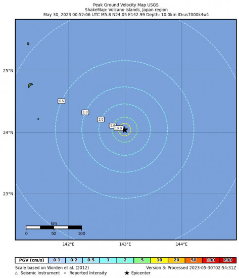 Peak Ground Velocity Map for the Volcano Islands, Japan Region 5.8 M Earthquake, Tuesday May. 30 2023, 9:52:06 AM