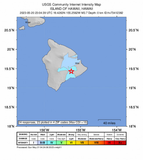 Community Internet Intensity Map for the Volcano, Hawaii 3.7 M Earthquake, Saturday May. 20 2023, 1:04:39 PM