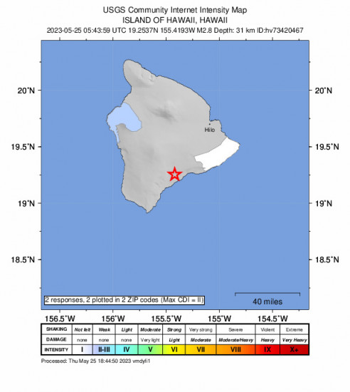 Community Internet Intensity Map for the Pāhala, Hawaii 2.8 M Earthquake, Wednesday May. 24 2023, 7:43:59 PM