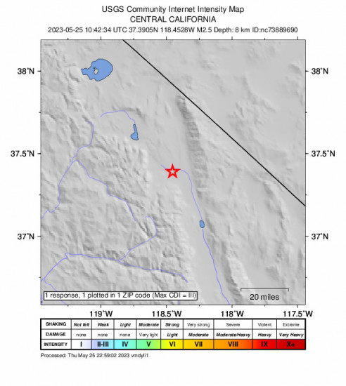 Community Internet Intensity Map for the West Bishop, Ca 2.5 M Earthquake, Thursday May. 25 2023, 3:42:34 AM