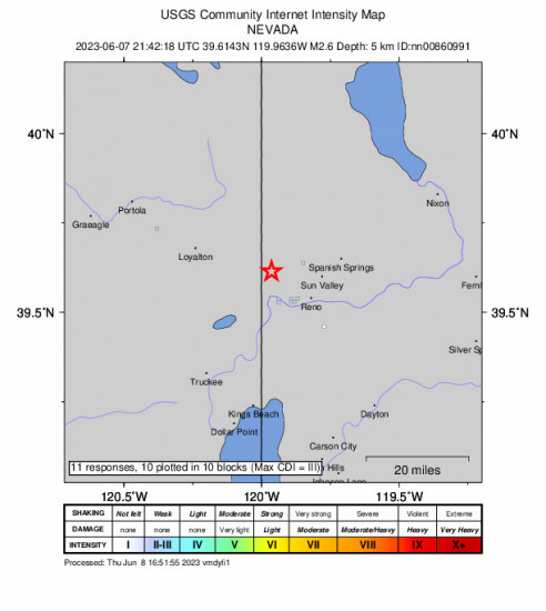 GEO Community Internet Intensity Map for the Cold Springs, Nevada 2.6 M Earthquake, Wednesday Jun. 07 2023, 2:42:18 PM