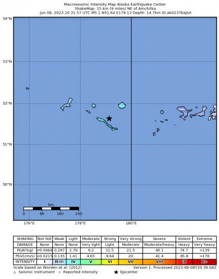 Macroseismic Intensity Map for the Rat Islands, Aleutian Islands, Alaska 5.4 M Earthquake, Thursday Jun. 08 2023, 11:31:48 AM