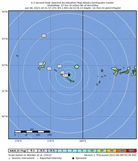 0.3 Second Peak Spectral Acceleration Map for the Rat Islands, Aleutian Islands, Alaska 5.4 M Earthquake, Thursday Jun. 08 2023, 11:31:48 AM
