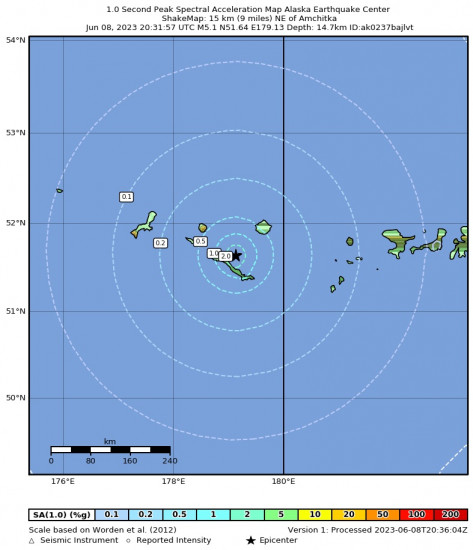 1 Second Peak Spectral Acceleration Map for the Rat Islands, Aleutian Islands, Alaska 5.4 M Earthquake, Thursday Jun. 08 2023, 11:31:48 AM