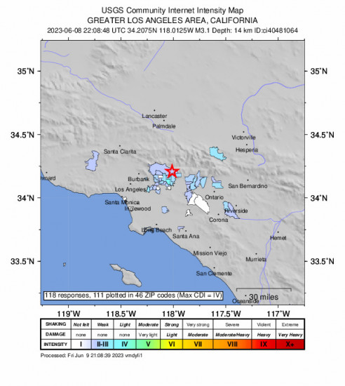 Community Internet Intensity Map for the Sierra Madre, Ca 3.1 M Earthquake, Thursday Jun. 08 2023, 3:08:48 PM