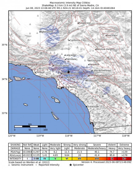 Macroseismic Intensity Map for the Sierra Madre, Ca 3.1 M Earthquake, Thursday Jun. 08 2023, 3:08:48 PM