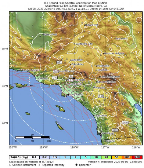 0.3 Second Peak Spectral Acceleration Map for the Sierra Madre, Ca 3.1 M Earthquake, Thursday Jun. 08 2023, 3:08:48 PM