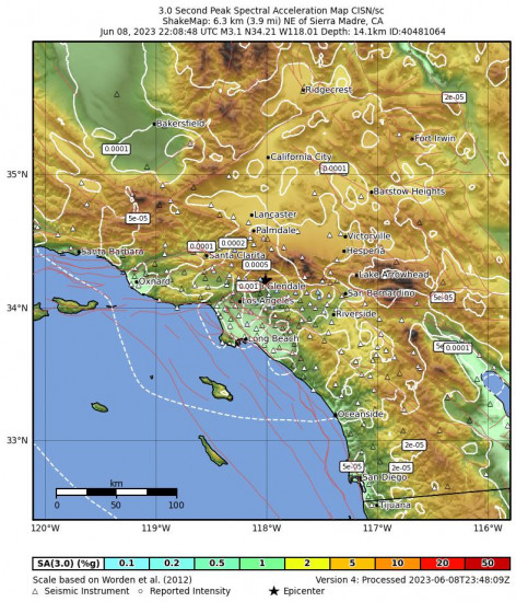 3 Second Peak Spectral Acceleration Map for the Sierra Madre, Ca 3.1 M Earthquake, Thursday Jun. 08 2023, 3:08:48 PM