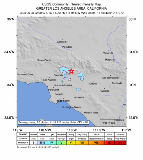 Community Internet Intensity Map for the Sierra Madre, Ca 2.7 M Earthquake, Thursday Jun. 08 2023, 3:09:02 PM