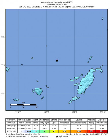 Macroseismic Intensity Map for the Tual, Indonesia 5.2 M Earthquake, Sunday Jun. 04 2023, 9:25:10 AM
