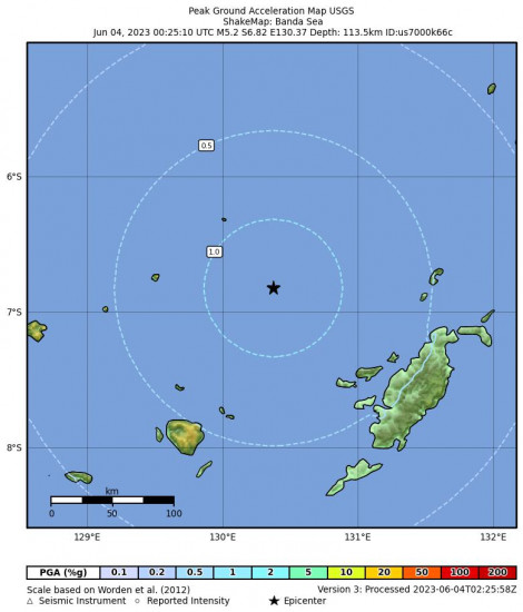 Peak Ground Acceleration Map for the Tual, Indonesia 5.2 M Earthquake, Sunday Jun. 04 2023, 9:25:10 AM
