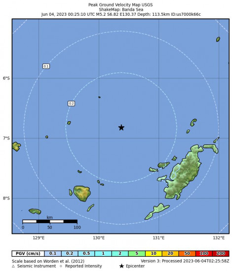Peak Ground Velocity Map for the Tual, Indonesia 5.2 M Earthquake, Sunday Jun. 04 2023, 9:25:10 AM